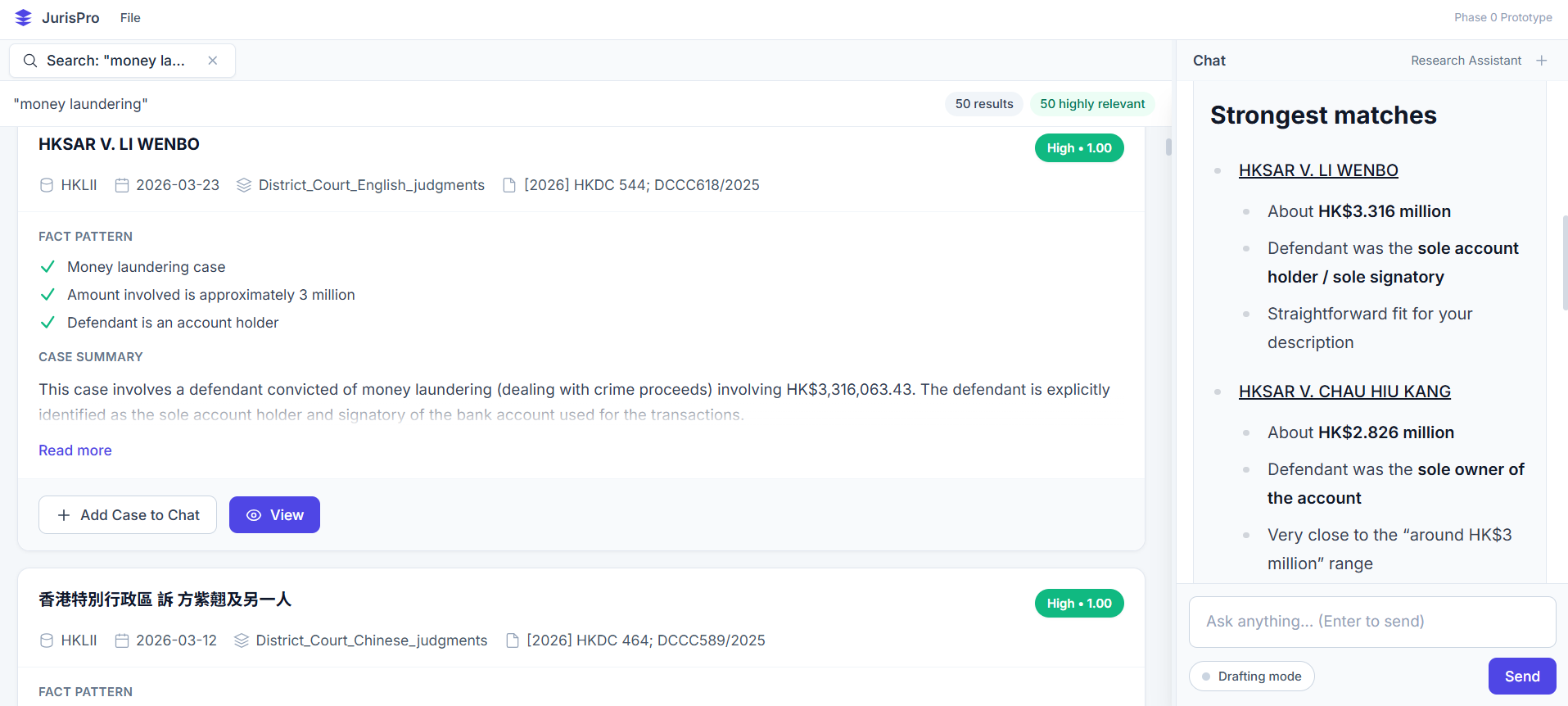 JurisPro application showing search results for a legal query with highlighted source text and a research assistant chat panel.